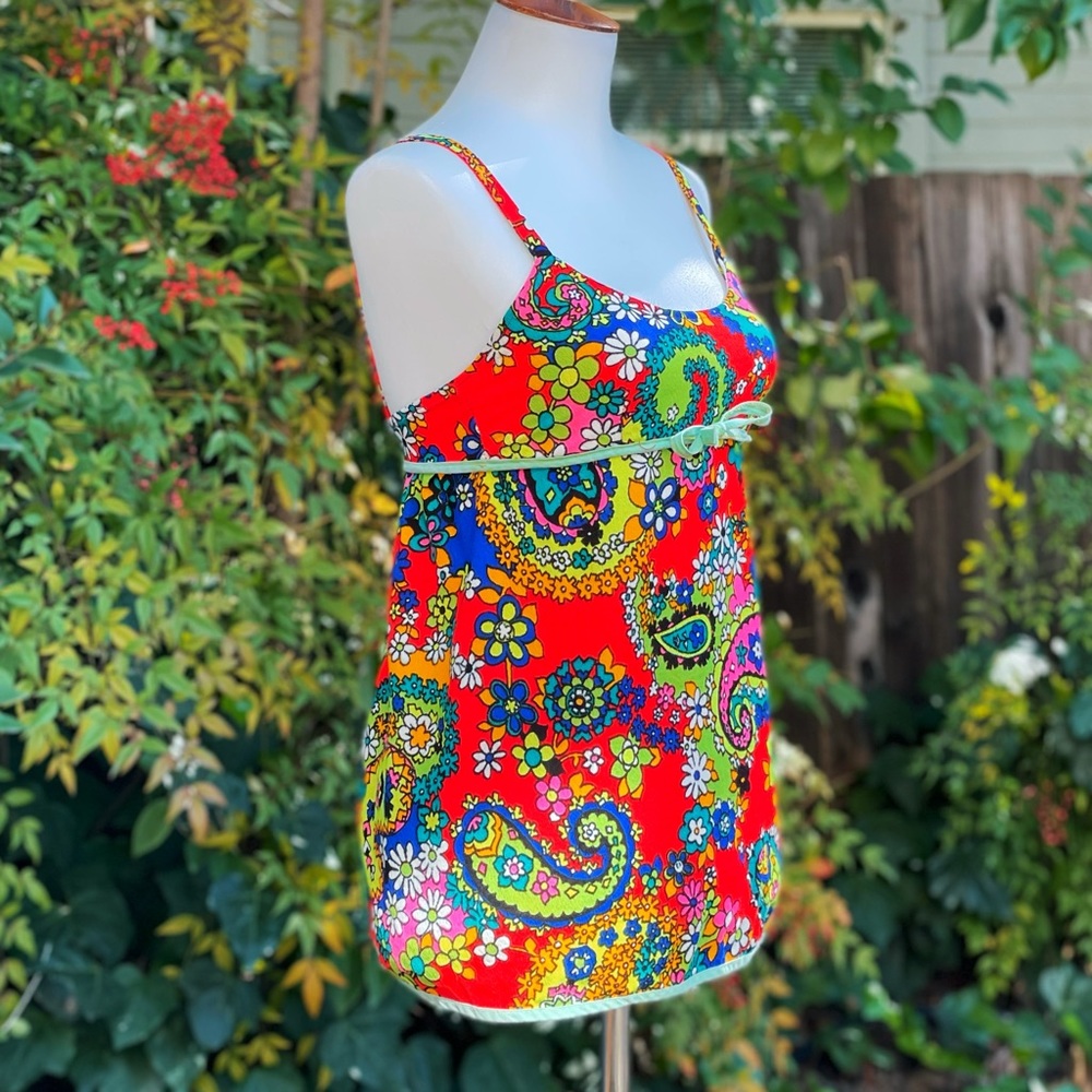 1970s Lemon Frog Bark Cloth Tankini Swim Set - Picture 3 of 11